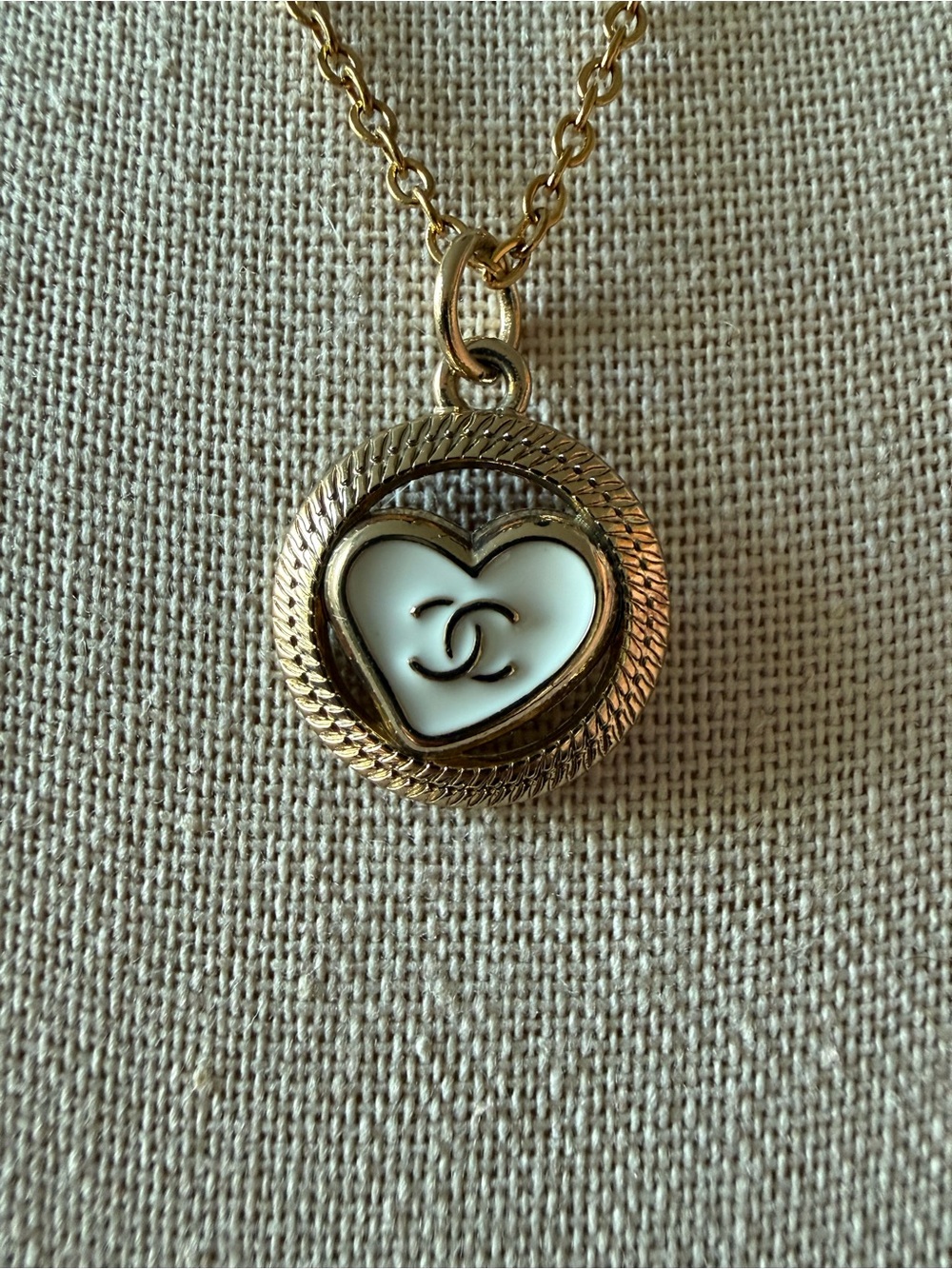 ChaneI Gold Necklace with White Enamel Logo Heart Pendant - Picture 2 of 9